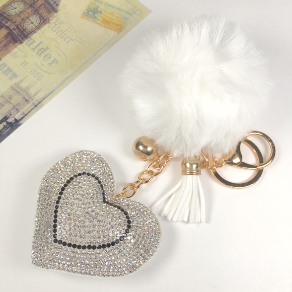 Rhinestone Heart Furry Tassel Keychain - Picture 5 of 6